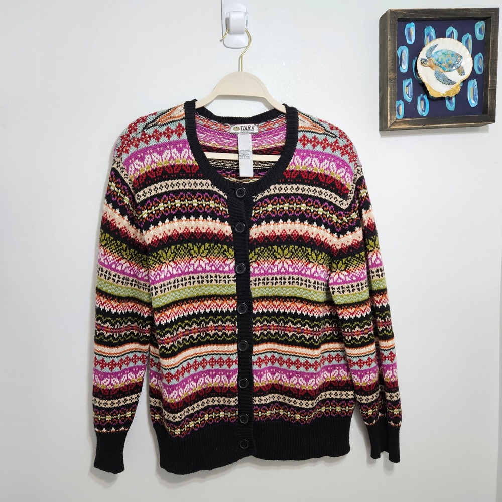 Vintage Tiara International Fair Isle Cardigan Sweater Y2K 3D Knit Womens L